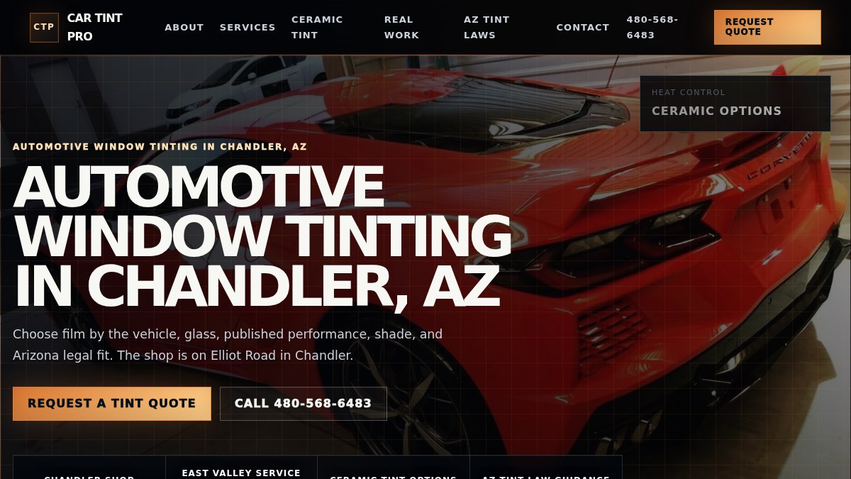 Car Tint Pro homepage screenshot featuring automotive window tinting in Chandler Arizona