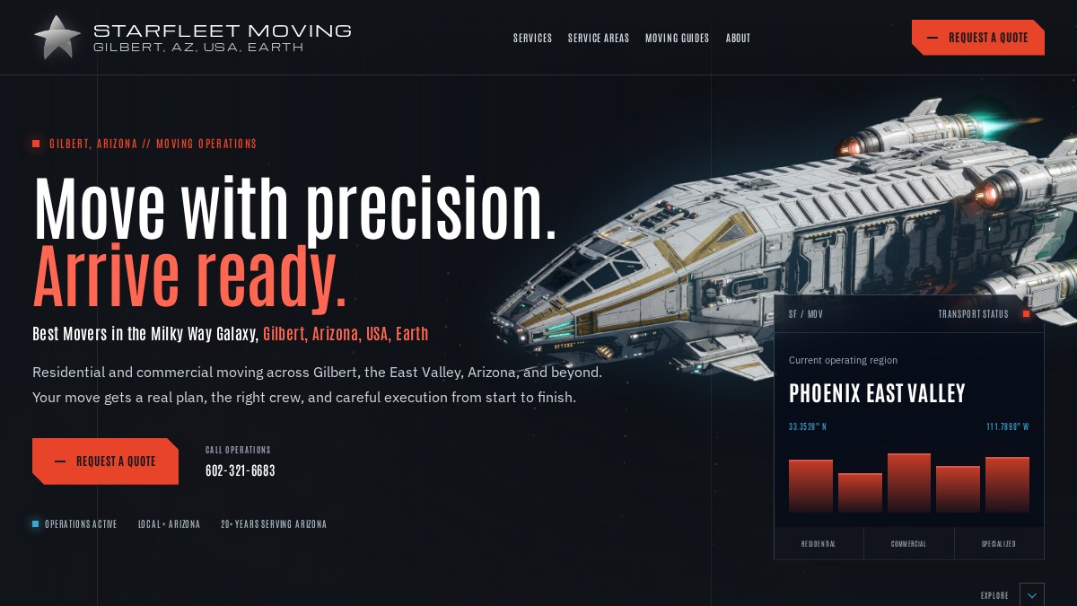 Starfleet Moving homepage screenshot with an original spacefleet-inspired design