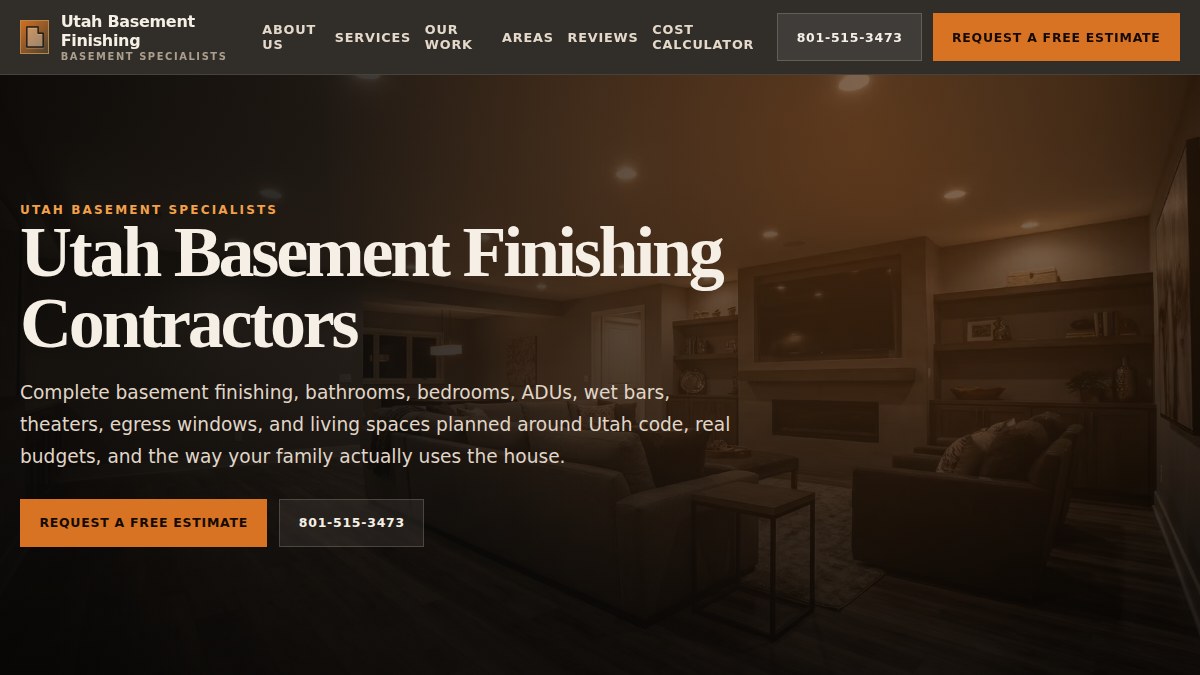 Utah Basement Finishing homepage screenshot showing a completed basement interior