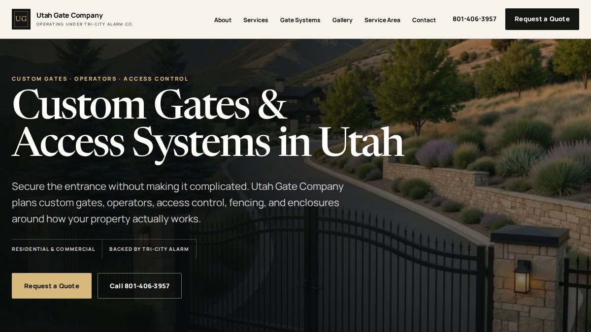 Utah Gate Company homepage screenshot showing custom gates and access systems